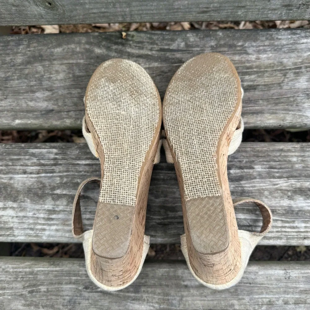 TOMS Sienna Oatmeal Linen Cork Wedge Sandals Size‎ 12 Tan Ankle Strap Platform